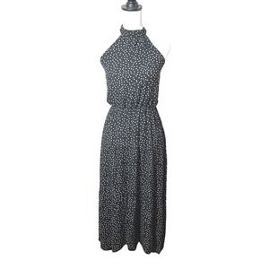 Elings Navy Polka Dot Halter Maxi Dress Viscose Small Sleeveless Back Tie Boho